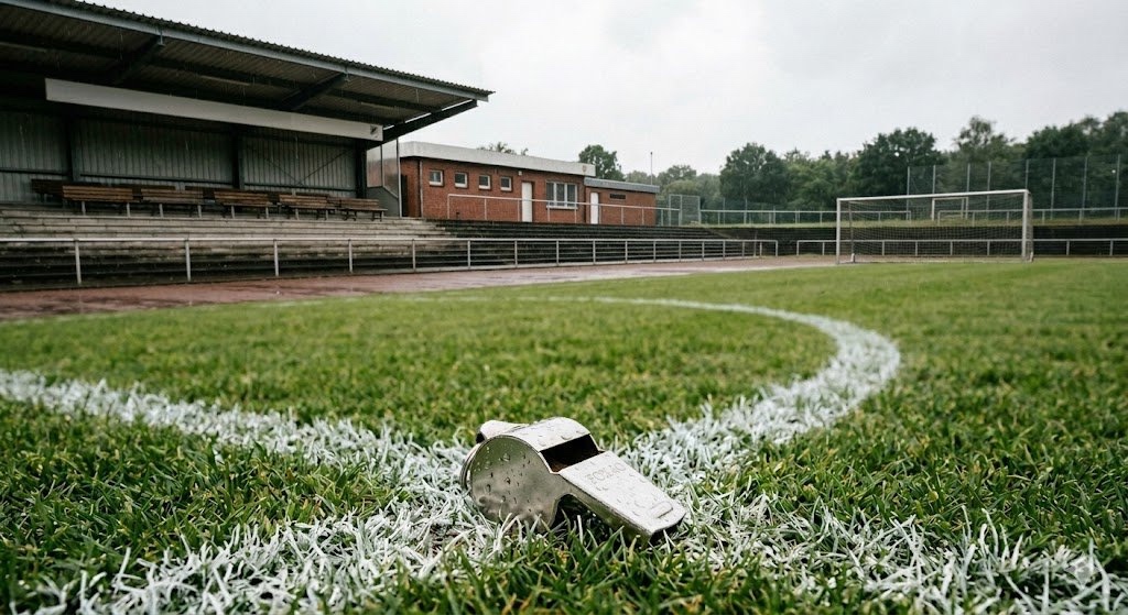 Schiedsrichterpfeife auf der weißen Linie eines Mittelkreises, im Hintergrund leere Tribüne einer Bezirkssportanlage, regennasser Rasen